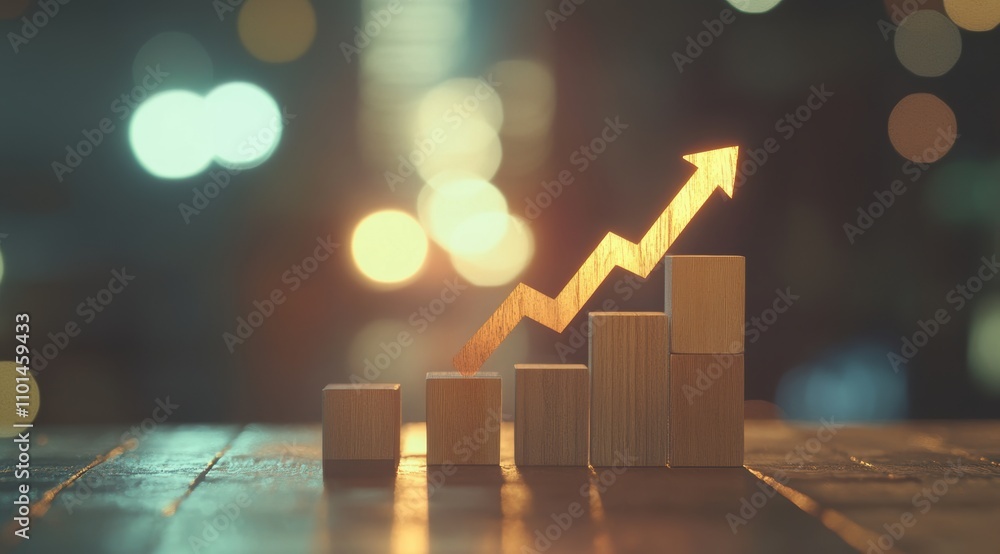 Poster a graph of an upward arrow on wooden blocks, with a blurred background and a bokeh effect