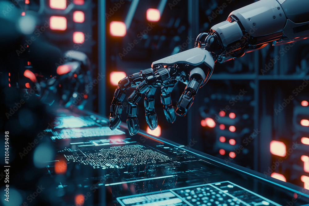 Poster advanced robotic hand interacts with high-tech interface