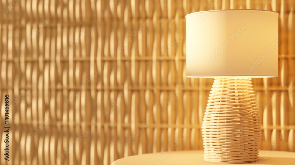 Aufkleber A close-up of a wicker table lamp with intricate weaving, radiating a soft, warm light against a textured wall. The natural materials and ambient lighting create a cozy and inviting atmosphere.