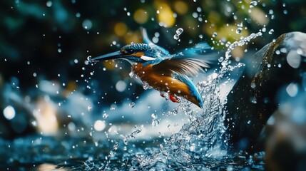 Actionreicher Eisvogel beim Eintauchen ins Wasser