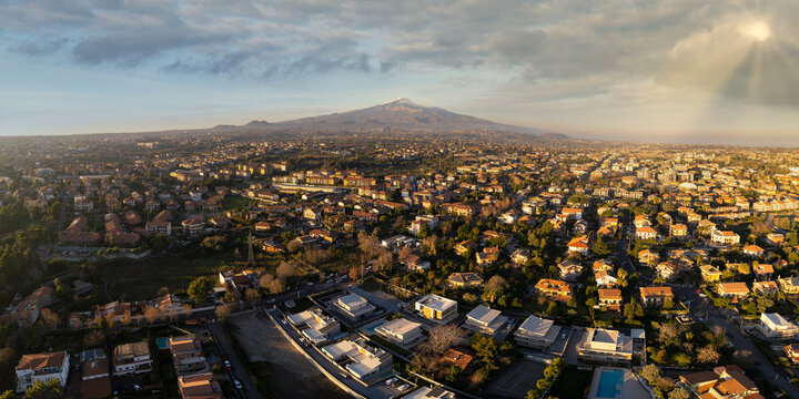Aerial view of Mt Etna Volcano and Catania cityscape, Sicily, Italy