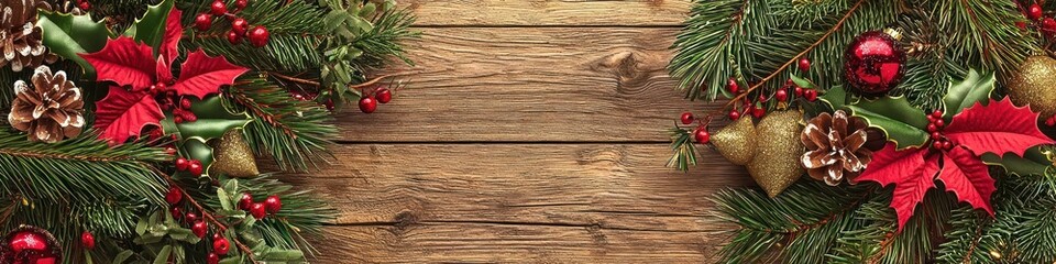 Obraz premium Festive farmhouse banner with a broad wood panel background, ruby red and bright green accents, pine sprigs, and muted gold details