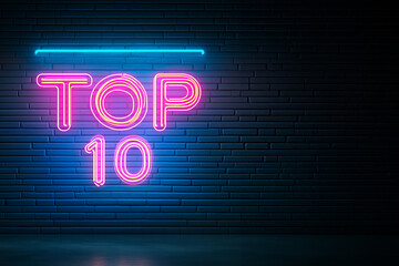 glowing "TOP 10" neon sign shines brightly on a back wall, creating a dynamic and engaging atmosphere. Perfect for highlighting rankings, countdowns, or top lists in a modern setting.