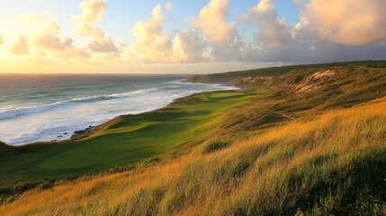 Serene Golf Course by the Ocean During Sunset