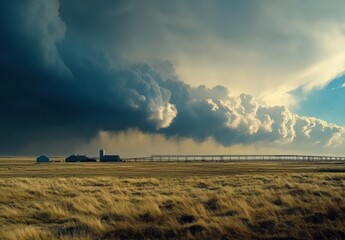 Dramatic Skyscape Over a Rural Landscape with Dark Clouds, Sunshine, Rolling Fields, and a Farmhouse Silhouette at Dusk and a Stormy Horizon