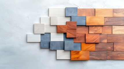 The wall decoration features alternating vertical stripes in shades of gray and white, complemented by wooden tiles in a rich, warm tone that adds depth and texture to the overall design.