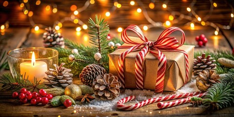 Festive Christmas Scene with Presents, Pine Cones, and Candy Canes in Warm Low Light