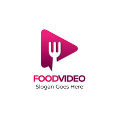 Food play logo design modern concept, with fork element and play symbol icon template.