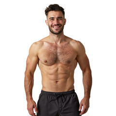 A muscular, shirtless man with a six-pack smiles confidently, wearing black shorts isolated
