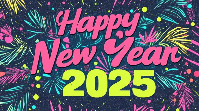 Festive "Happy New Year" and "2025" design with neon pink , electric blue , and lime green . A multicolor, playful theme perfect for New Years parties.