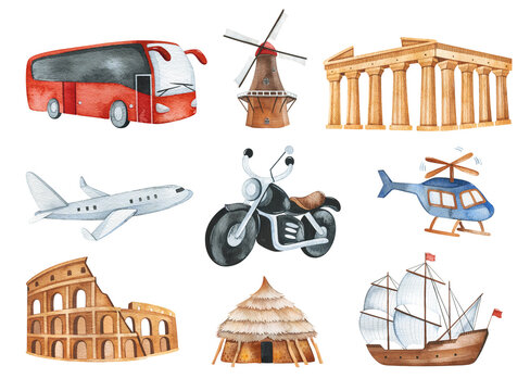 Travel watercolor set.Illustration with transport - bus,helicopter,ship,plane and tourist attractions. Perfect for your own design,invitations,quotes,print,wallpapers,scrapbook etc