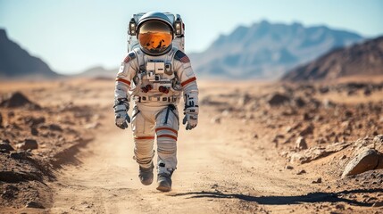 An astronaut walking on a barren landscape, resembling a distant planet or moon.