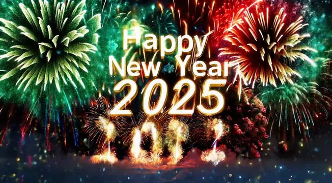 A stunning array of fireworks bursts into the night sky, with colorful sparks cascading down. In the foreground, the golden 'Happy New Year 2025' typography shines brightly, surrounded with lights.