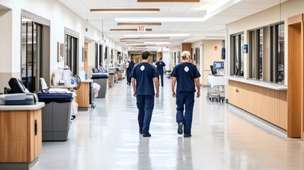 Busy hospital corridor with healthcare professionals walking, medical equipment nearby, modern design with bright lighting and cleanliness emphasizing healthcare environment.