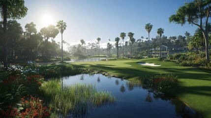 Fototapeta premium Tropical Golf Course with Palm Trees and Turquoise Waters