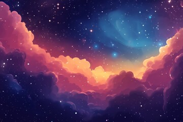 Naklejka premium A vibrant cosmic scene featuring colorful clouds and twinkling stars in a night sky.