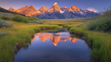 Obraz premium Scenic mountain landscape with reflection in tranquil water at sunrise.
