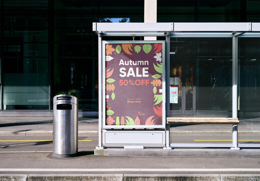 Mockup Of Vertical Customizable Poster On Bus Stop