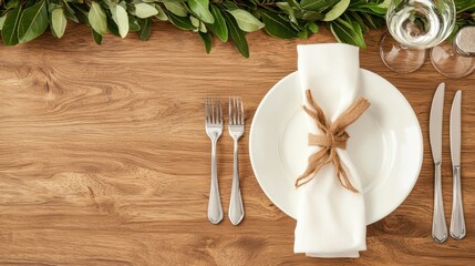 Thanksgiving celebration and memories, A beautifully set dining table featuring a white plate, elegant cutlery, and a neatly tied napkin, accented by greenery and natural textures.