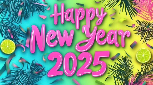 Festive "Happy New Year" and "2025" design with neon pink , electric blue , and lime green . A multicolor, playful theme perfect for New Year’s parties.