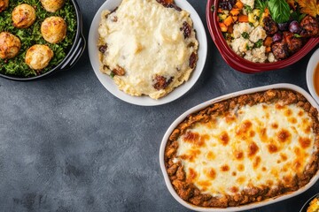 Thanksgiving celebration and memories, A vibrant spread of delicious, homemade dishes including cheesy casseroles and colorful salads, perfect for a comforting meal or gathering.