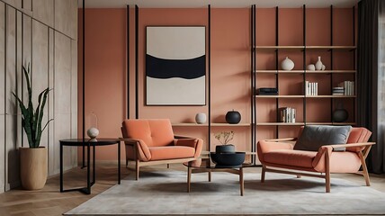 Modern living room with coral armchair and minimalist shelving, abstract art on the walls. Minimalist, japandi style interior design.