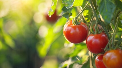 Fresh tomatoes on the vine with sunlit garden background