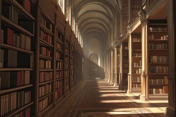 Fototapeta premium corridor of an infinite library with a row of books on the right and left 