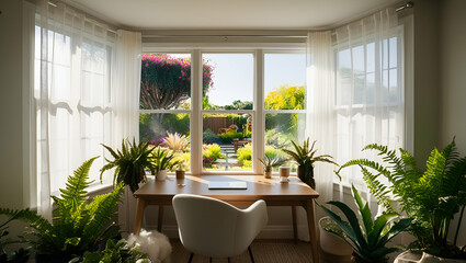 Fototapeta premium A cozy corner office with a wide window offering a stunning view of a vibrant garden