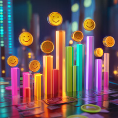 Fototapeta premium A group of smiling gold coins jumping up a bar graph