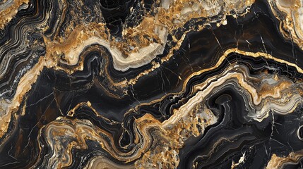 Abstract Stone Surface with Swirls of Black, Gold, and Cream