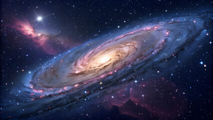 A Spiral Galaxy's Radiant Dance Across the Cosmos, This stunning image captures the vast and mesmerizing beauty of a spiral galaxy set against a cosmic backdrop, with vibrant hues of pink, blue, and v