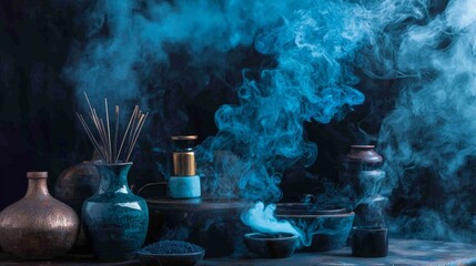 Blue smoke and incense in a serene ambiance with pottery