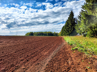 Freshly plowed brown soil stretches into the distance beneath a bright blue sky adorned with fluffy...