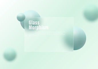 Website landing page in glass morphism style. Light-colored presentation screen with the effect of overlaying glass on floating gradient spheres.