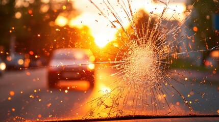 Cracked windshield at sunset, vibrant orange hues, blurred city street, dynamic energy, hint of motion.