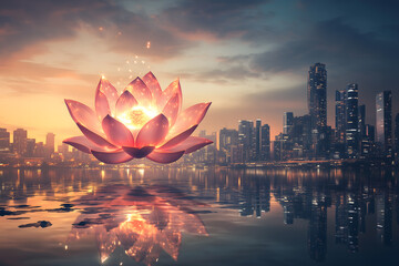 As the sun sets behind a vibrant city skyline, a massive glowing lotus floats above the water, representing tranquility and spiritual enlightenment in the urban landscape. Generative AI