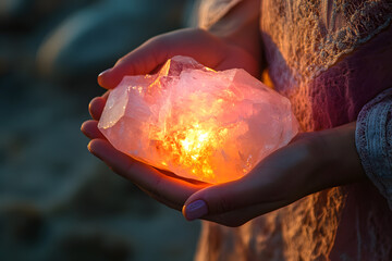 While meditating at the beach during sunset, a person cradles a glowing crystal in their hands, focusing on its light and energy. Generative AI