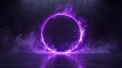 Obraz premium Fiery purple ring ablaze in smoky darkness. Glowing neon circle, mystical and surreal.