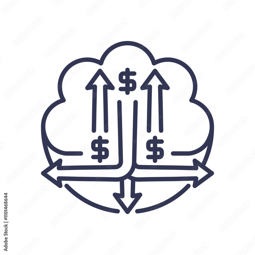 Poster cloud with arrows and dollar signs symbolizes dynamic scaling and cost efficiency.