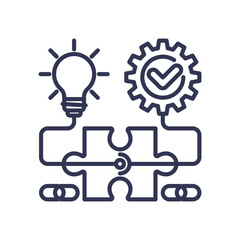Puzzle piece, light bulb, and gear symbolize innovative problem-solving.