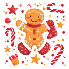 Naklejka premium Adorable Christmas cartoon flat vector illustration of a gingerbread man exuding charm and sweetness. 
