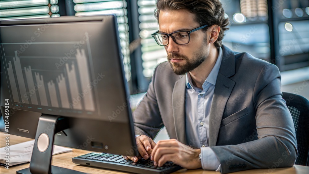 Poster professional man analyzes data on computer while working in a modern office environment in the late 