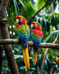 Obraz premium Two vibrant red macaws perched on a branch with lush green foliage in the background. Tropical wildlife and exotic bird concept.