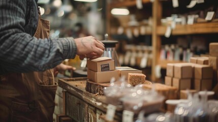 Artisan packaging handcrafted soap bars in a rustic store setting