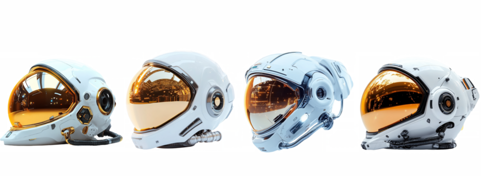 Futuristic helmets, sleek designs, glowing visors, side view display. Isolated on white background or PNG