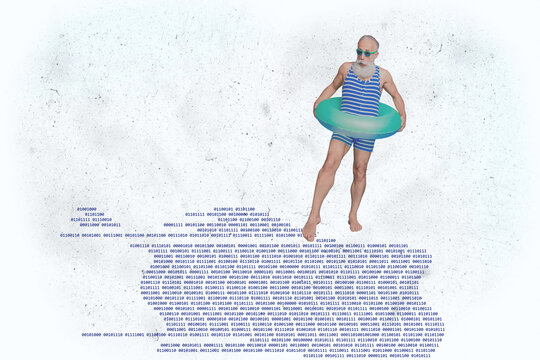 Composite photo collage of astonished old man wear swimsuit lifebuoy digital code programmer vacation isolated on painted background - Powered by Adobe