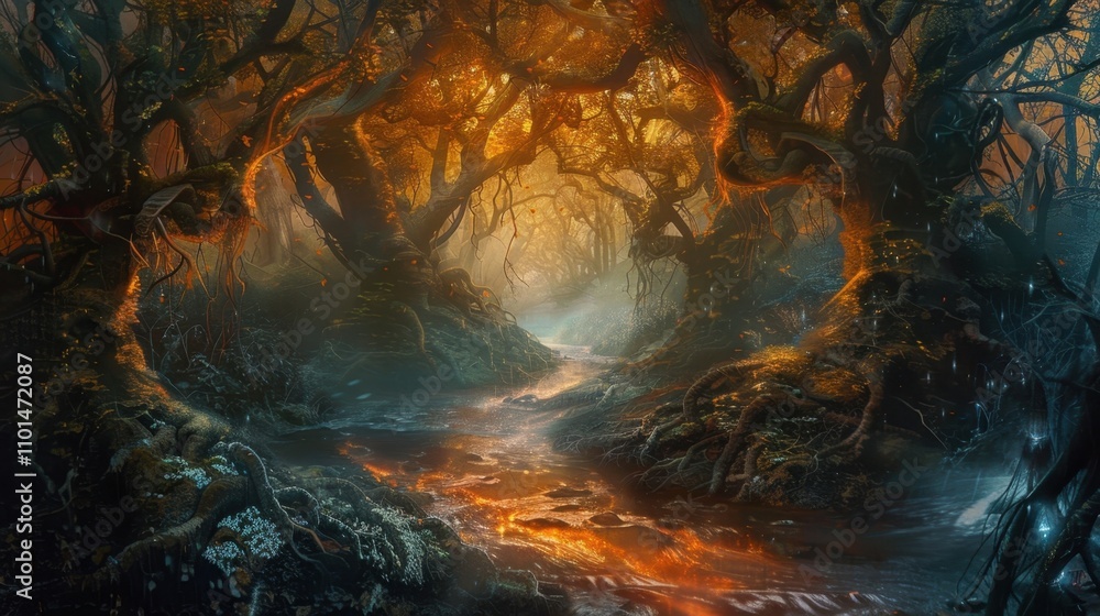 Aufkleber a stream surrounded by twisted gnarled trees and twisted vines in the depths of the enchanted forest