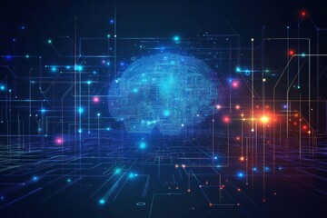 Abstract illustration futuristic tech concept shows intelligent communication network, generative AI. Digital brain design floats above tech lines, glowing lights. Represents future smart global