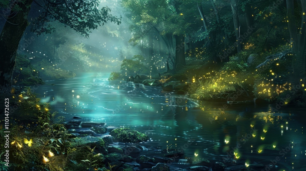 Poster a hidden stream nestled deep within the enchanted forest its emerald waters reflecting the iridescen